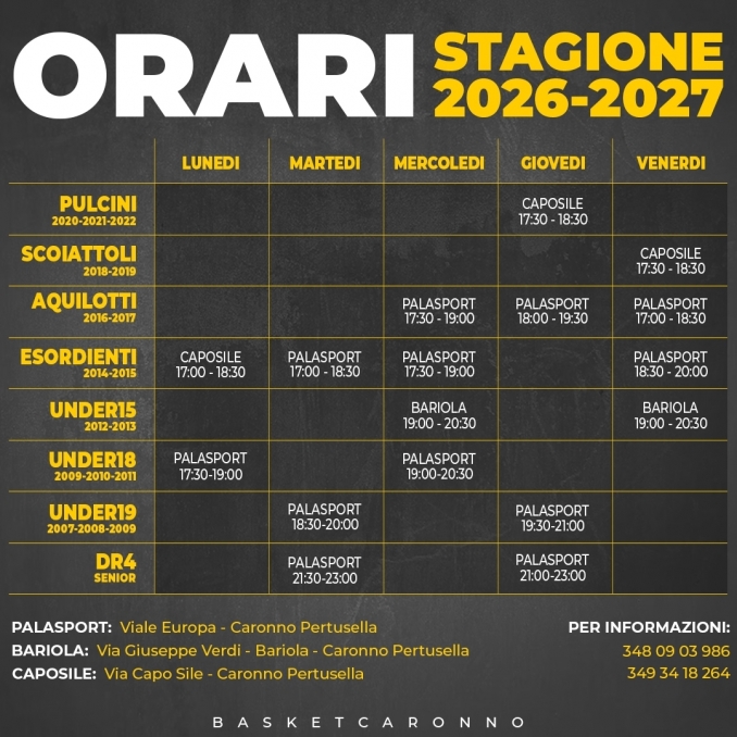 Orari e Palazzetti Stagione 2026-27 - ASD BASKET CARONNO