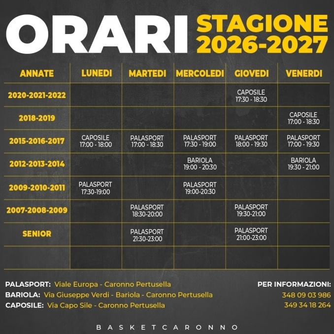 Orari e Palazzetti Stagione 2026-27 - ASD BASKET CARONNO